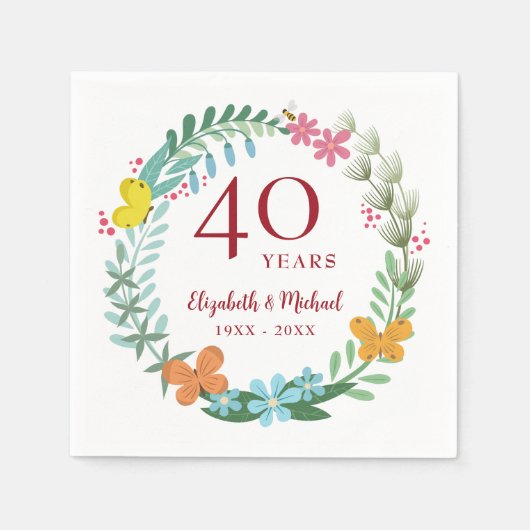 Serviette En Papier 40e anniversaire Ruby Floral Butterfly Wreath (Devant)
