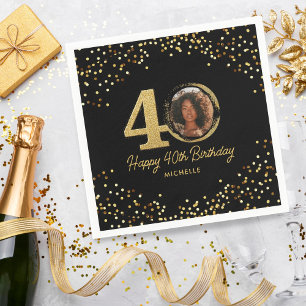 Serviette En Papier 40e fête d'anniversaire Photo Chic Black Gold Part