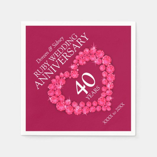 Serviette En Papier 40th Ruby Mariage 40 ans coeur nom personnalisé (Devant)