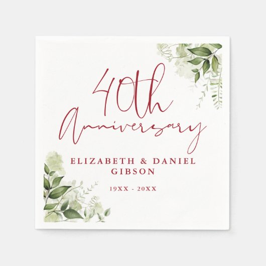 Serviette En Papier 40th Wedding Anniversary Greenery Floral (Devant)