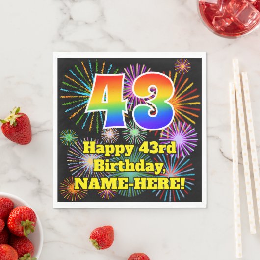 Serviette En Papier 43ème anniversaire : Fun Fireworks Motif + Rainbow (En situation)