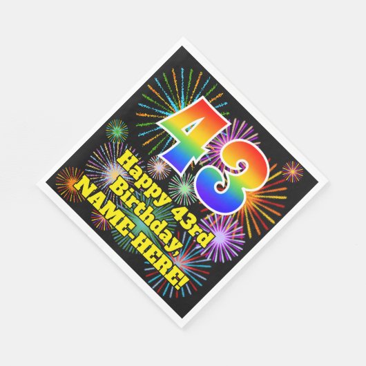Serviette En Papier 43ème anniversaire : Fun Fireworks Motif + Rainbow (Coin)