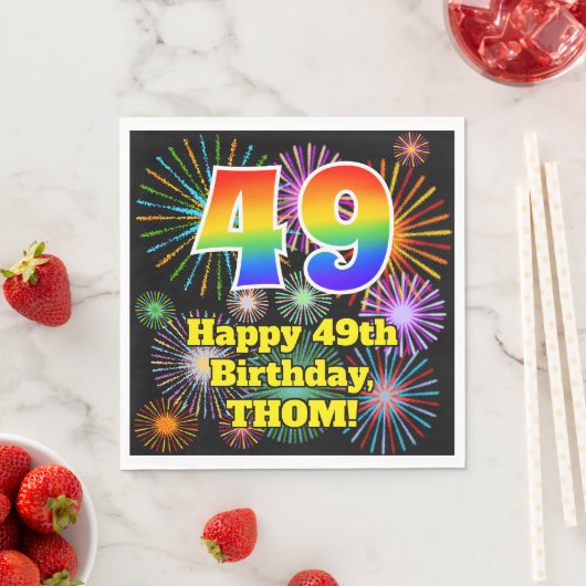 Serviette En Papier 49ème anniversaire : Fun Fireworks Motif + Rainbow (En situation)