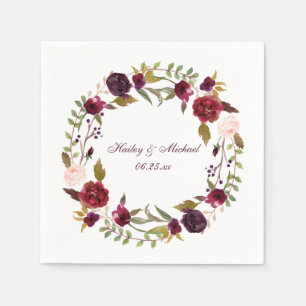 Serviette En Papier #4 Marsala Burgundy Roses Blanches Feuilles Wreath