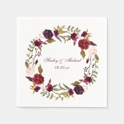Serviette En Papier #4 Marsala Burgundy Roses Blanches Feuilles Wreath (Devant)