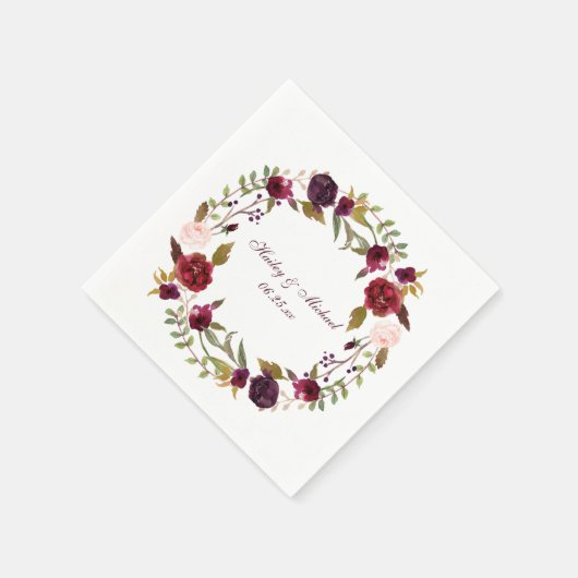 Serviette En Papier #4 Marsala Burgundy Roses Blanches Feuilles Wreath (Coin)