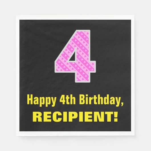 Serviette En Papier 4ème anniversaire : Pink Stripes and Hearts "4" + (Devant)