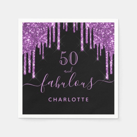 Serviette En Papier 50 ans fabuleux noir paillettes violettes scintill (Devant)