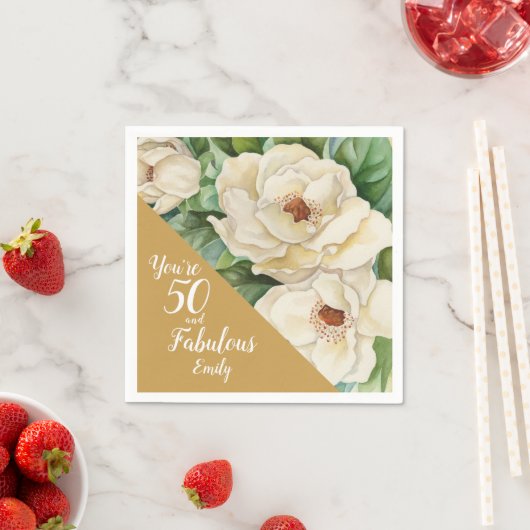 Serviette En Papier 50 Et Fabuleux Anniversaire Gold Magnolia Nom Flor (En situation)