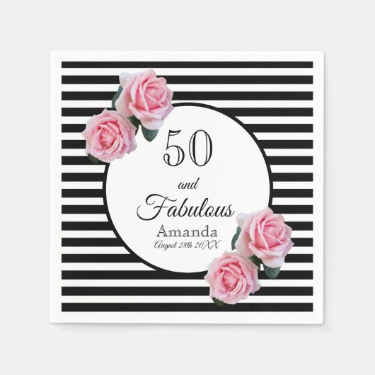 Serviette En Papier 50 et fabuleux floraux roses noir rayures nom (Devant)