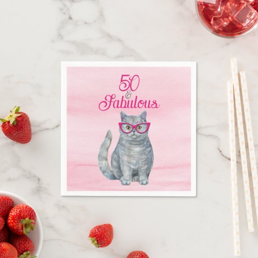 Serviette En Papier 50 & Fabulous Chat, rose et gris, 50e anniversaire (En situation)