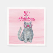 Serviette En Papier 50 & Fabulous Chat, rose et gris, 50e anniversaire (Devant)