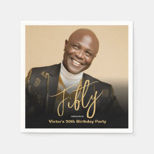 Serviette En Papier 50e anniversaire Black Gold Modern Chic Photo pers