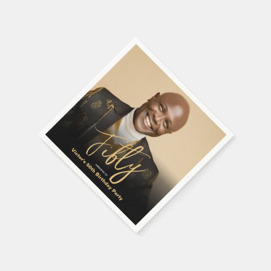 Serviette En Papier 50e anniversaire Black Gold Modern Chic Photo pers (Coin)