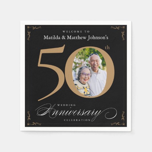 Serviette En Papier 50e Anniversaire Classy Black Gold Calligraphy Nap (Devant)