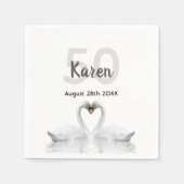 Serviette En Papier 50e anniversaire cygnes blancs noir nom élégant (Devant)