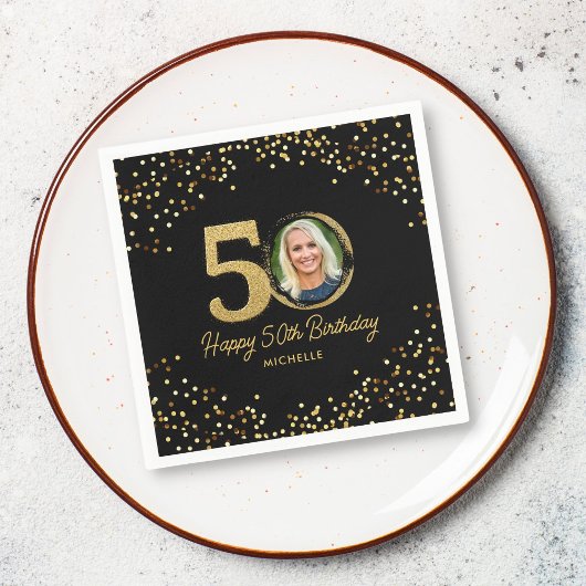 Serviette En Papier 50e anniversaire de la fête Photo Chic Black Gold