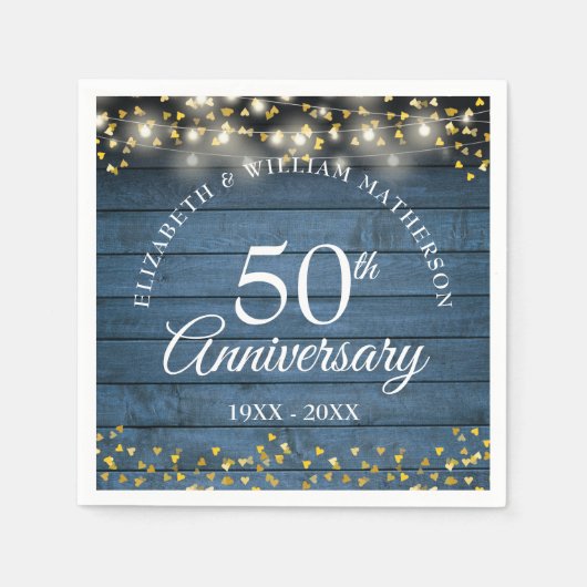 Serviette En Papier 50e anniversaire de Mariage Coeurs d'or Bleu Rusti (Devant)