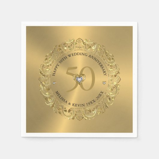 Serviette En Papier 50e anniversaire de Mariage Gold Floral Frame (Devant)