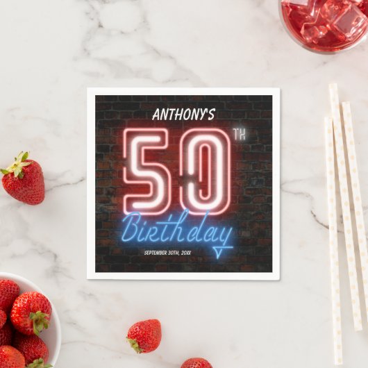 Serviette En Papier 50e Anniversaire Fête Retro Neon Signer Fun Custom (En situation)