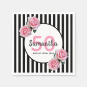 Serviette En Papier 50e anniversaire fleurs roses noir rayures nom (Devant)