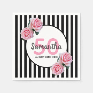 Serviette En Papier 50e anniversaire fleurs roses noir rayures nom