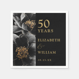 Serviette En Papier 50e Anniversaire Floral Élégant Noir Et Or