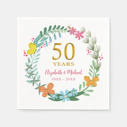 Serviette En Papier 50e anniversaire Golden Floral Butterfly Wreath (Devant)