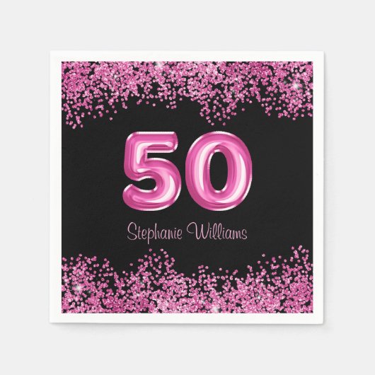 Serviette En Papier 50e anniversaire Hot Pink Balloons Gllitter Party (Devant)