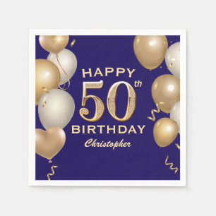 Serviette En Papier 50e Anniversaire Marine Bleu et Ballons d'or