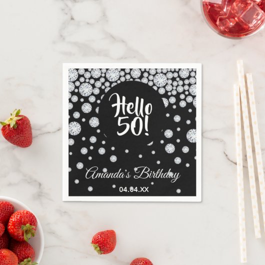 Serviette En Papier 50e anniversaire noir diamants blancs nom glam (En situation)