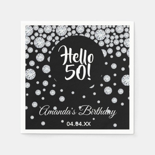 Serviette En Papier 50e anniversaire noir diamants blancs nom glam (Devant)