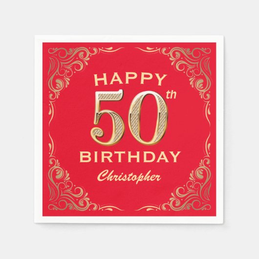 Serviette En Papier 50e anniversaire Parties scintillant rouge et or c (Devant)