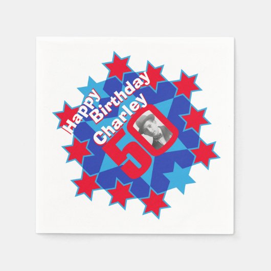 Serviette En Papier 50e anniversaire photo et nom étoile rouge serviet (Devant)