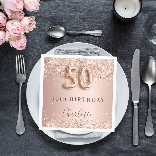 Serviette En Papier 50e anniversaire rose or blush nom