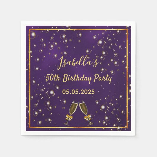 Serviette En Papier 50e anniversaire violet bulles d'or monogramme (Devant)
