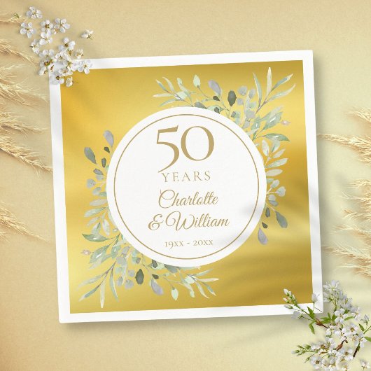 Serviette En Papier 50e Wedding Anniversary Greenery Gold Foil