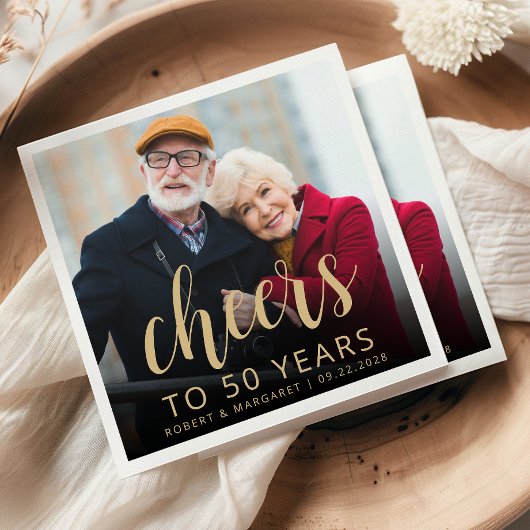 Serviette En Papier 50th Anniversary Party Photo Cheers Gold Script