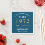 Serviette En Papier 50th Birthday 1972 Blue Gold Ajouter Nom Normes<br><div class="desc">Un design classique personnalisé pour cette fête d'anniversaire pour une personne spéciale. Ajoutez le nom à ce style rétro vintage, blanc et or design pour un cadeau d'anniversaire personnalisé. Modifiez facilement le nom et l'année avec le modèle fourni. Un merveilleux cadeau d'anniversaire personnalisé. Plus de cadeaux et de fournitures de...</div>