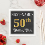 Serviette En Papier 50th Birthday Party — Fancy Script, Faux Gold Look<br><div class="desc">This ornate and elegant birthday themed paper napkin design features a personalized name and the message “50th Birthday Party”. The large number “50th” has an imitation/faux gold-inspired coloring pattern, and the words “Birthday Party” are in luxurious script-style text. The background is colored black by default (although it can be customized)....</div>