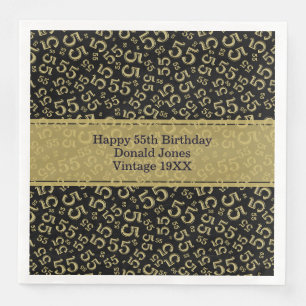 Serviette En Papier 55e Anniversaire Motif de Nombre d'Âge Noir/Or