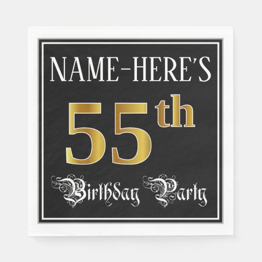 Serviette En Papier 55th Birthday Party — Fancy Script, Faux Gold Look (Devant)