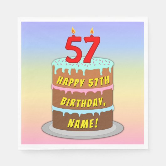 Serviette En Papier 57e anniversaire : Gâteau et bougies amusants + No (Devant)