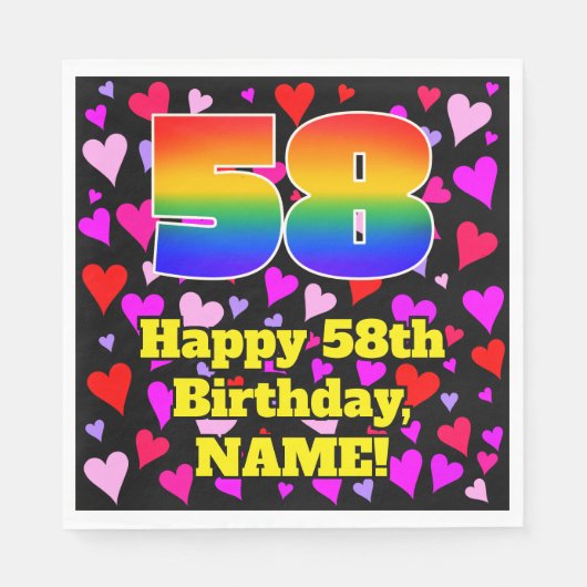 Serviette En Papier 58e anniversaire : Amour Hearts Motif, Arc-en-ciel (Devant)