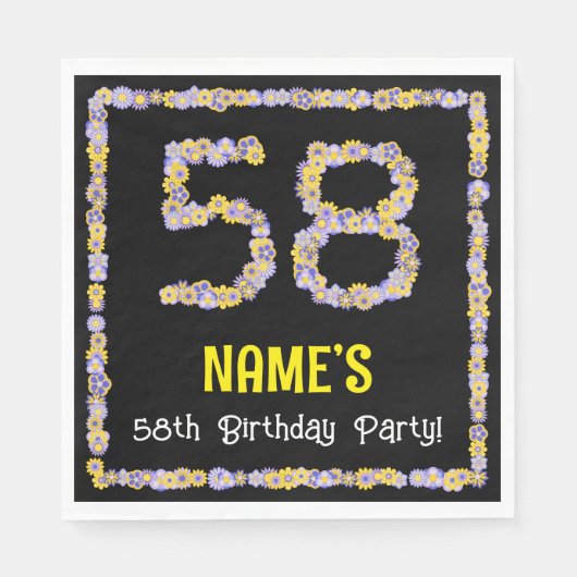 Serviette En Papier 58e Anniversaire : Nombre de fleurs florales, nom (Devant)