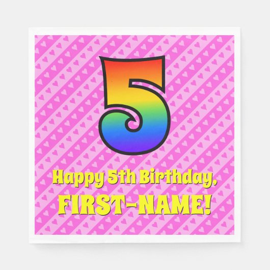 Serviette En Papier 5e anniversaire : Pink Stripes & Hearts, Rainbow # (Devant)