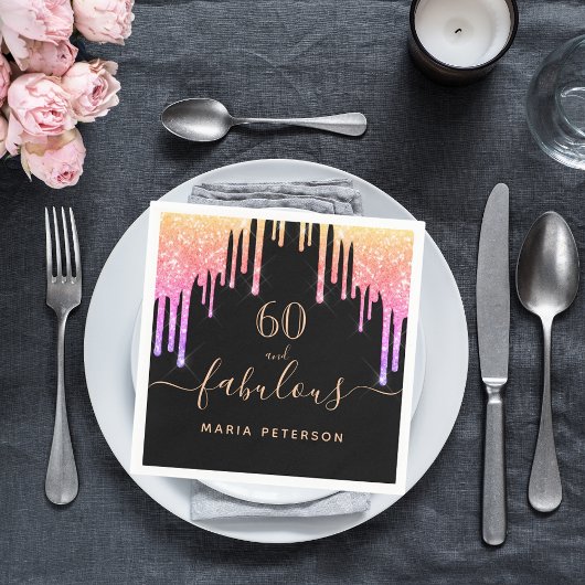 Serviette En Papier 60 fabuleux anniversaire noir parties scintillant 