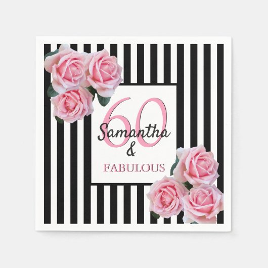 Serviette En Papier 60 fabuleux anniversaire rose noir blanc rayures (Devant)