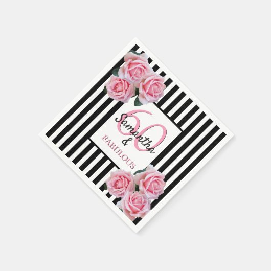 Serviette En Papier 60 fabuleux anniversaire rose noir blanc rayures (Coin)