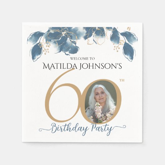 Serviette En Papier 60e anniversaire Aquarelle bleu or photo florale (Devant)